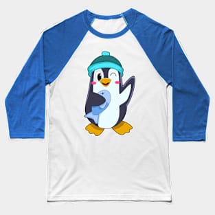 Penguin with Fish & Hat Baseball T-Shirt